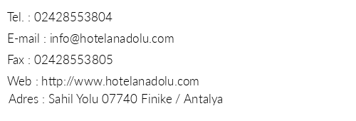 Hotel Anadolu telefon numaralar, faks, e-mail, posta adresi ve iletiim bilgileri